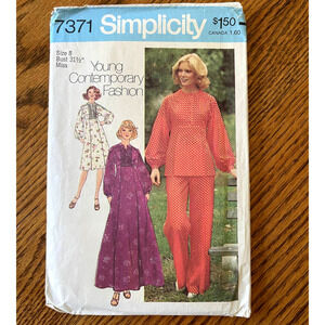 UNCUT Vintage 1970s Simplicity 7371 Sewing Pattern Sz XXS Caftan Dress Top Pant